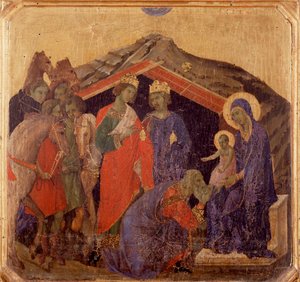 Leben Christi, die Anbetung der Könige. Predella von La Maestà von Duccio di Buoninsegna