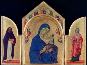 Madonna und Kind mit St. Dominikus und St. Aurea, um 1315 von Duccio di Buoninsegna