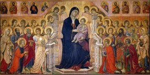 Maestà Madonna mit dem Kind auf dem Thron, verehrt von Heiligen und Engeln. Zentrales Panel. Fresko von Duccio di Buoninsegna (1255-1319) von Duccio di Buoninsegna