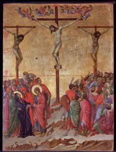 Die Kreuzigung. An den Seiten der gute Dieb (Dismas) und der unbußfertige Dieb (Gestas). Maestà-Altarbild
