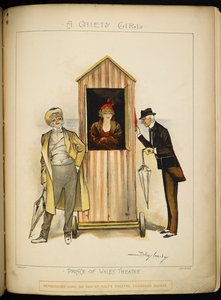 Ein Mädchen in einer mobilen Umkleidekabine am Strand an der Riviera. Zwei Männer, möglicherweise die Charaktere, der Richter und der Kaplan, warten draußen. von Dudley Hardy
