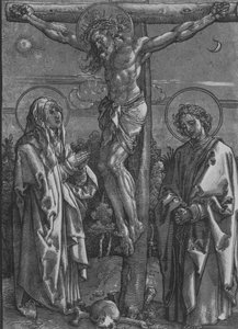 Christus am Kreuz mit der Jungfrau und Johannes dem Evangelisten, 1500-1550 von Dürer School.