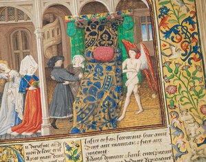 Seite aus "La Belle Dame Sans Merci" von Alain Chartier, Paris, frühes 15. Jahrhundert von Dunois Master