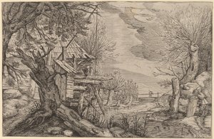 Landschaft mit Blockhaus an einem Fluss von Dutch 17th Century, formerly Jacques de Gheyn II