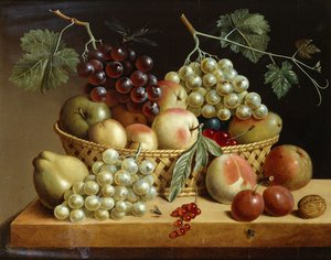 Ein Korb mit Trauben, Äpfeln, Pfirsichen und anderem Obst auf einem Sims, 1833 von Dutch School
