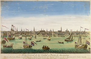 Eine Gesamtansicht des Hafens und der Stadt Amsterdam, Gravur von D.G. Hucquier, 16. Jahrhundert