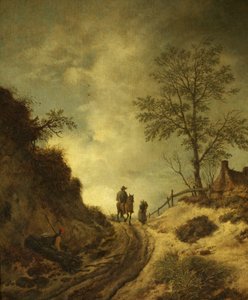 Ein Reiter und andere Figuren auf einem hügeligen Weg von Dutch School