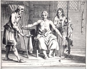 Bluttransfusion von einem Hund, aus Armamentarii Chirurgici von Johannes Schultes, veröffentlicht in Amsterdam, 1671 von Dutch School
