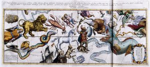 Himmelskarte der Sternbilder: Orion, Stier, Widder, Fische usw., 1666-1668