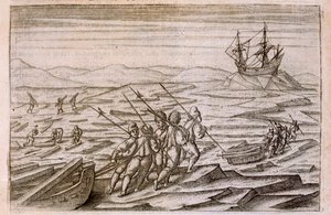 Sammeln von Treibholz für die Hütte, in der die Expedition überwinterte, Illustration aus Diarium Nauticum, seu vera descriptio trium navigationum admirandarum... von Gerrit de Veer, 1598
