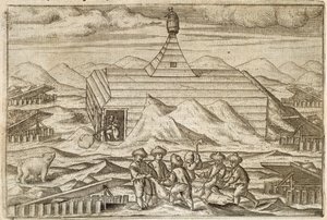 Besatzung tötet und häutet Bären vor der Hütte, in der die Expedition überwinterte, Illustration aus 