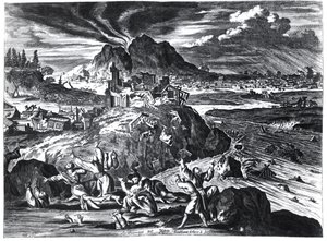 Erdbeben in Edo (Tokio) im Jahr 1659, Illustration aus dem Bericht von Arnold Montanus über die Botschaften der Niederländischen Ostindien-Kompanie an den Kaiser von Japan, veröffentlicht in Amsterdam 1669