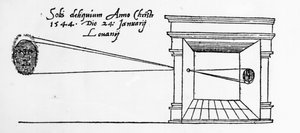Erste veröffentlichte Illustration einer Camera Obscura, die eine Sonnenfinsternis im Januar 1544 beobachtet von Dutch School