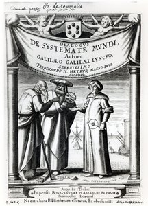 Frontispiz von Dialogus De Systemate Mundi von Galileo (1564-1642), veröffentlicht in Leiden 1635