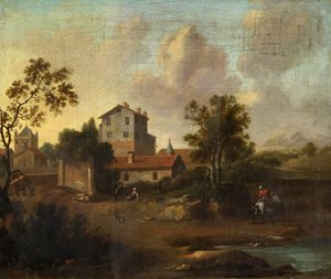Landschaft mit Ruinen und einem Reiter auf einem weißen Pferd