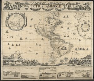 Karte von Amerika, Nova totius Americae Tabula, [mit Ansichten von] Panama, Caput S. Augustini, Nieu Amsterdam, S. Salvador, Nombre D. Dios. Gedruckt bei J. Mathysz von Dutch School