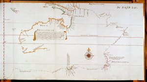 Karte von Neu-Holland, jetzt Australien, und Neuseeland, gezeichnet aus Informationen, die während der Reisen von Abel Janszoon Tasman (1603-1659) und Willem Janszoon (1570-1630) gesammelt wurden