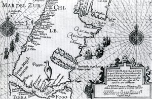Karte der Magellanstraße, Platte aus Oliver van Noorts Beschreibung seiner Reise, 1602