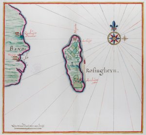 Karte, die einen kleinen Teil von Banda Besar (Lonthoir) und Hatta (Rosengain) zeigt. Die Banda-Inseln, Teil der indonesischen Provinz Maluku. von Dutch School