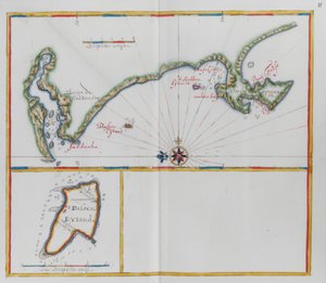 Karten zeigen Dassen Island, eine südafrikanische Insel, und die gegenüberliegende Küste.