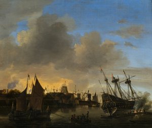 Zahlreiche Schiffe in einem niederländischen Hafen von Dutch School