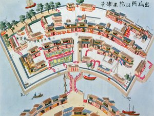 Plan der niederländischen Fabrik auf der Insel Desima in Nagasaki, aus Illustrationen von Japan von Isaac Titsingh, veröffentlicht in London, 1822