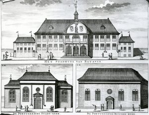 Portugiesische Kirche und Rathaus in Batavia, 19. Jahrhundert von Dutch School