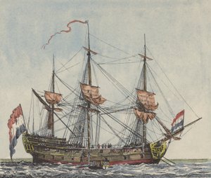 Schiff der Niederländischen Ostindien-Kompanie (kolorierte Gravur) von Dutch School