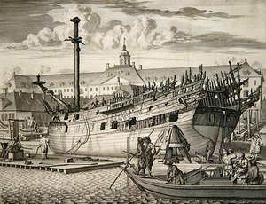 Schiff, das vor dem Marinearsenal der Niederländischen Ostindien-Kompanie in Brand geriet von Dutch School