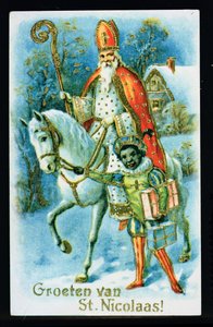 St. Nikolaus und ein schwarzer Helfer, um 1890, niederländische Karte