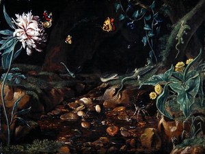 Bach in einer Schlucht mit Blumen und Reptilien von Dutch School