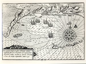 Die Ankunft der Flottille von Vizeadmiral Wybrandt Van Warwijck im Südosthafen von Mauritius im September 1598