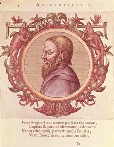 Der Philosoph Aristoteles (384-322 v. Chr.), Illustration aus Veterum et Recentium Medicorum Philosophorumque Icones von Johannes Sambucus (1531-1584), veröffentlicht von Plantin in Antwerpen 1574 (Farbstich)