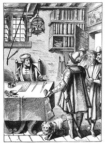 Der Steuereinnehmer, nach einem Holzschnitt in Praxis Rerum Civilium von Joos de Damhouder (1507-81) veröffentlicht in Antwerpen, 1557