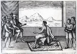 Das Treffen von Königin Nzinga von Ndongo und Joao Correia de Sousa, dem portugiesischen Gouverneur von Luanda im Jahr 1622