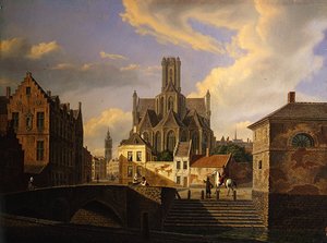 Stadtansicht mit Kanal, Brücke, Treppen und Figuren, mit einer mittelalterlichen Kirche und dem Turm eines Rathauses im Hintergrund