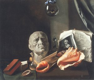 Vanitas-Stillleben mit einer Büste, Muscheln, Büchern und Glasflaschen von Dutch School