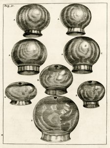 Verschiedene Schröpfgläser, aus Exercitationes Practicae circa Medendi Methodum von Frederik Dekkers, 1694 von Dutch School