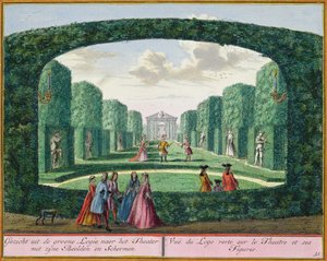 Blick von der grünen Loggia zum Theater, aus Het Zeganplant Kennemerlant, von Hendrick de Leth und Matthias Brouerius Van Nidek, veröffentlicht ca. 1700-1730