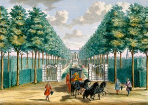 Ansicht des Velserbeek-Hauses von der Auffahrt und dem Eingang, aus Het Zeganpralent Kennemerlant von Hendrick de Leth und Matthias Brouerius Van Nidek, veröffentlicht ca. 1700-1730 von Dutch School