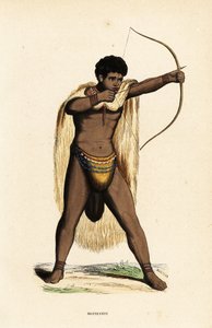Khoikhoi-Mann in Tierhautumhang, Perlen-Lendenschurz, mit Bogen und Pfeil