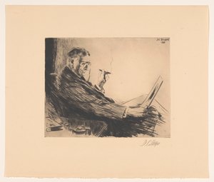 Mann betrachtet einen Druck mit einer Zigarre in der Hand von Dwight Case Sturges (signed by artist)