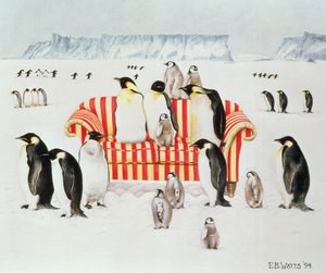 Pinguine auf einem rot-weißen Sofa, 1994