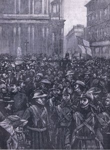 Die CIVs marschieren den Ludgate Hill hinunter, auf dem Weg zum Masion House zum Waterloo-Bahnhof, Illustration aus Cassells Geschichte Englands, 1900er Jahre von E.S. Hodgson