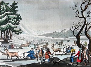 Tungusen verlassen ihr Winterlager auf von Rentieren gezogenen Schlitten, ca. 1820 von E. (after) Karnejeff