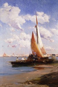 Fischerboote mit der Rivere degli Schiavoni, Venedig, im Hintergrund