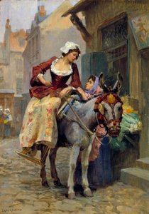 Der kleine Esel. Eine Frau reitet als Amazone auf einem Esel, die Füße in einer passenden Rille von E. Dameron