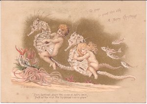 Eine viktorianische Weihnachtskarte von zwei Wasserbabys, die auf einem Seepferdchen reiten, mit Seeanemonen und einem Fischschwarm von E. Gertrude Thompson