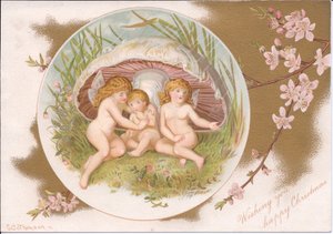 Eine viktorianische Weihnacht von einer Gruppe von Feen, die sich vor dem Regen unter einem Pilz schützen, von Gertrude Thompson, ca. 1895 von E. Gertrude Thompson