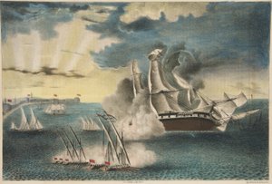 Die US-Fregatte Philadelphia auf den Felsen vor Tripolis aus Army and Navy Magazine, veröffentlicht 1840 von E. J. Pinkerton